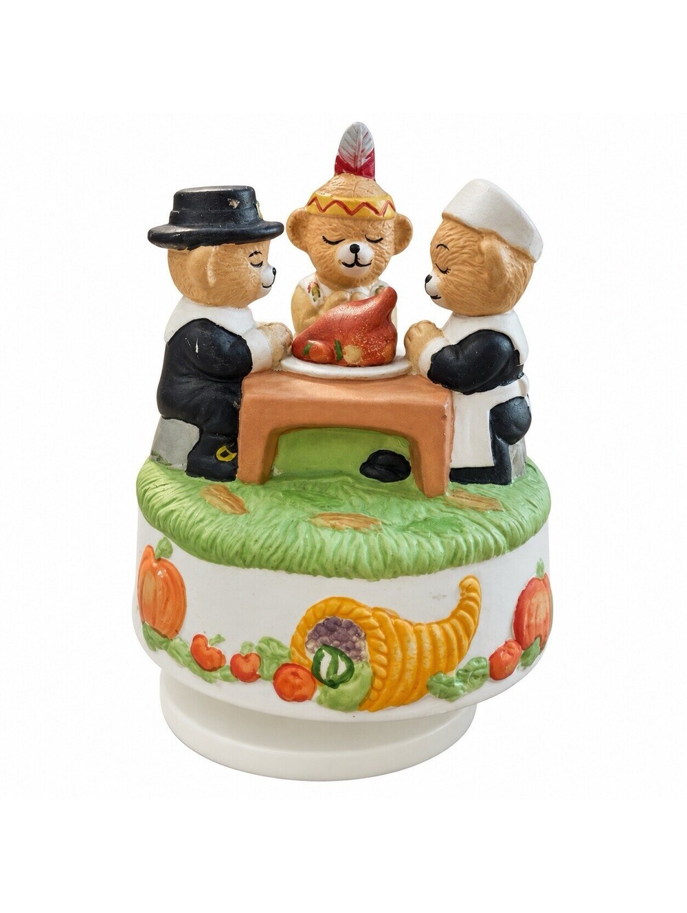 1990 MSR Imports Thanksgiving Bears Pilgrims Native Music Box